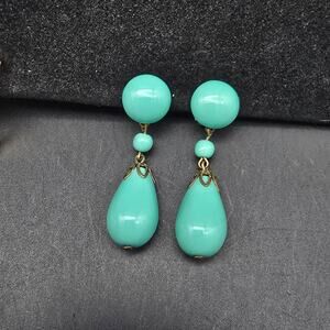 Teal Plastic Dangle Clip On Earrings Vintage Costume Jewelry